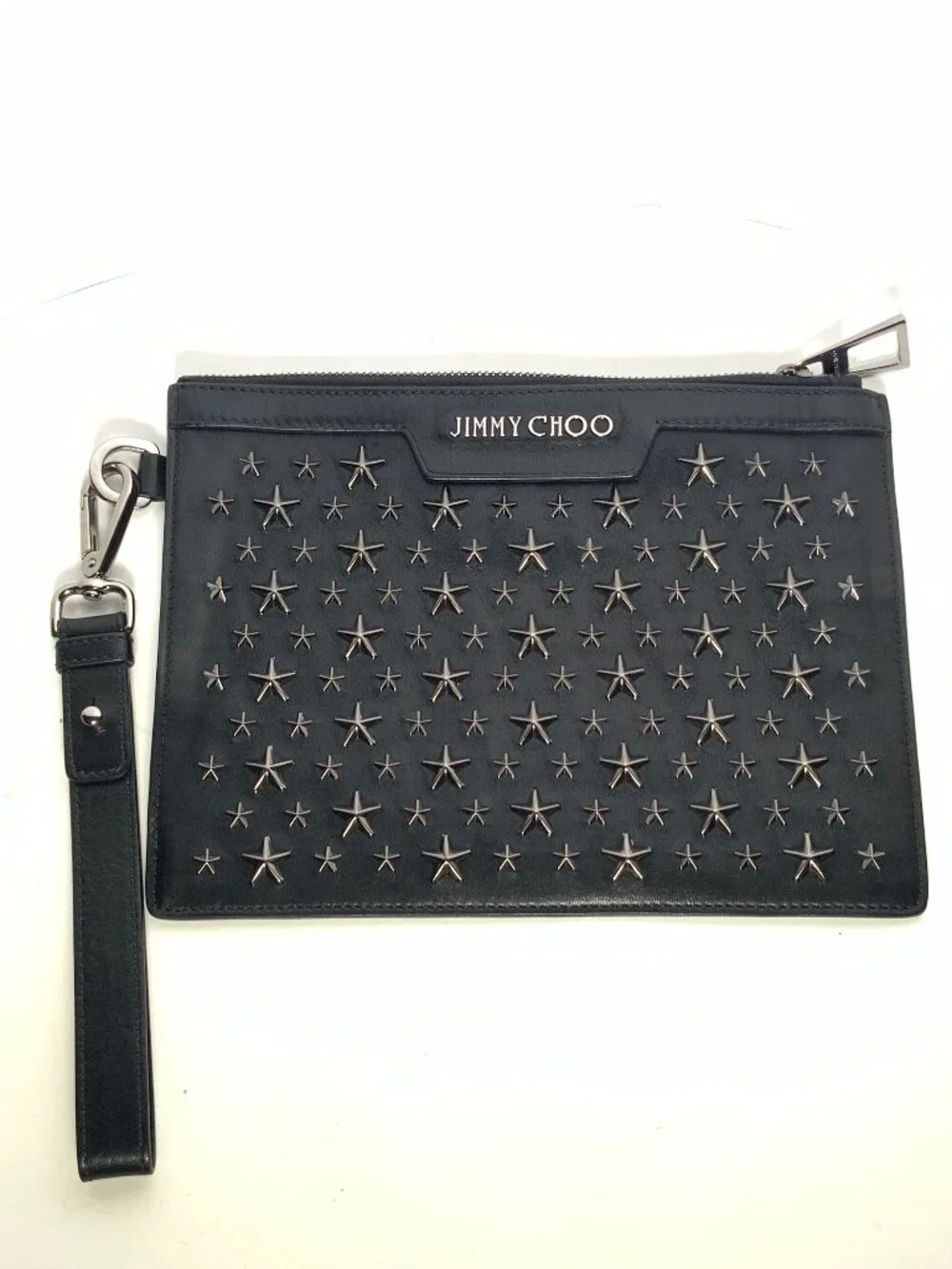 Jimmy Choo Black Leather Star Studded Clutch/Wristlet w/ Silver Accents